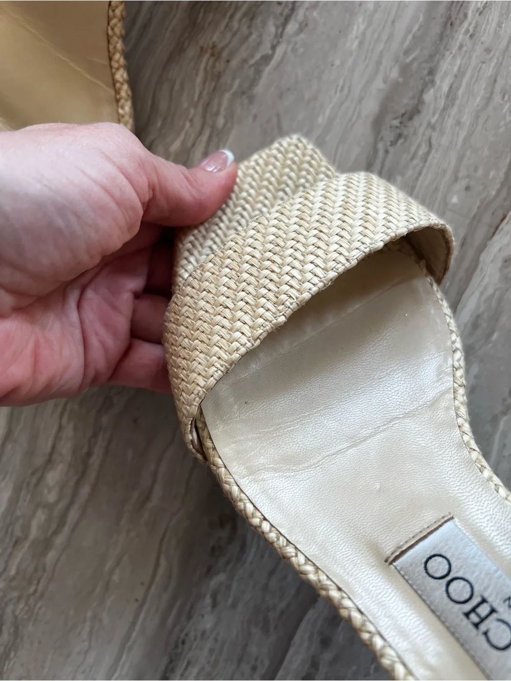 Jimmy Choo Cream Woven Raffia Sandals with Silver Studded Ankle Strap - Picture 3 of 10